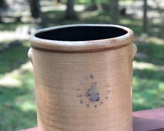 Lot 7:  "4" Crock; Measuring: 11.5" tall, 11" widest point. Some slight nicks and dings due to age. Price: $65