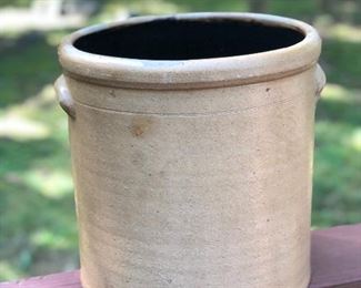 Lot 7:  "4" Crock; Measuring: 11.5" tall, 11" widest point. Some slight nicks and dings due to age. Price: $65