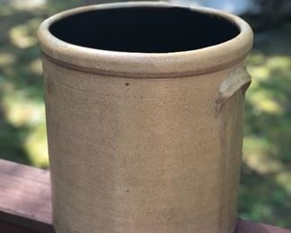 Lot 7:  "4" Crock; Measuring: 11.5" tall, 11" widest point. Some slight nicks and dings due to age. Price: $65
