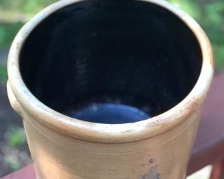 Lot 7:  "4" Crock; Measuring: 11.5" tall, 11" widest point. Some slight nicks and dings due to age. Price: $65