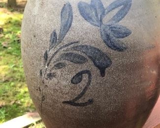 Lot 8:  "2" Ovoid Jug w/ Cobalt Floral Brushing, No. 2 also marked into pottery with dot marks near top. Pennsylvania; Measuring: 11.5" tall, 11" widest point. Some slight nicks and dings due to age, chip on rim. Price: $145