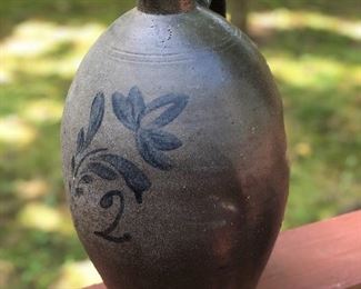 Lot 8:  "2" Ovoid Jug w/ Cobalt Floral Brushing, No. 2 also marked into pottery with dot marks near top. Pennsylvania; Measuring: 11.5" tall, 11" widest point. Some slight nicks and dings due to age, chip on rim. Price: $145