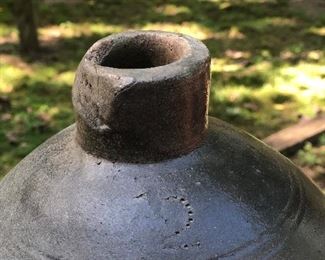 Lot 8:  "2" Ovoid Jug w/ Cobalt Floral Brushing, No. 2 also marked into pottery with dot marks near top. Pennsylvania; Measuring: 11.5" tall, 11" widest point. Some slight nicks and dings due to age, chip on rim. Price: $145