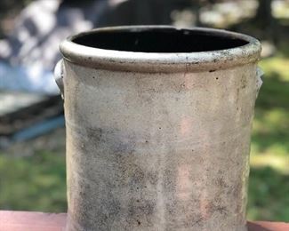 Lot 9: "3 GALS" Salt Glaze Crock; Measuring: 11" tall, 10" wide. Some nicks and dings due to age and natural wear. Price: $70