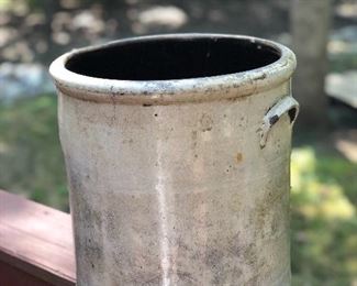 Lot 9: "3 GALS" Salt Glaze Crock; Measuring: 11" tall, 10" wide. Some nicks and dings due to age and natural wear. Price: $70