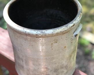 Lot 9: "3 GALS" Salt Glaze Crock; Measuring: 11" tall, 10" wide. Some nicks and dings due to age and natural wear. Price: $70