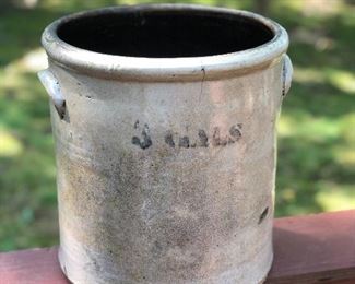Lot 9: "3 GALS" Salt Glaze Crock; Measuring: 11" tall, 10" wide. Some nicks and dings due to age and natural wear. Price: $70