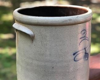 Lot 10: "3" Red Wing Lazy Eight Target Tail Salt Glaze Crock; Measuring: 11" tall, 10" wide. Some nicks and dings due to age and natural wear. Price: $195