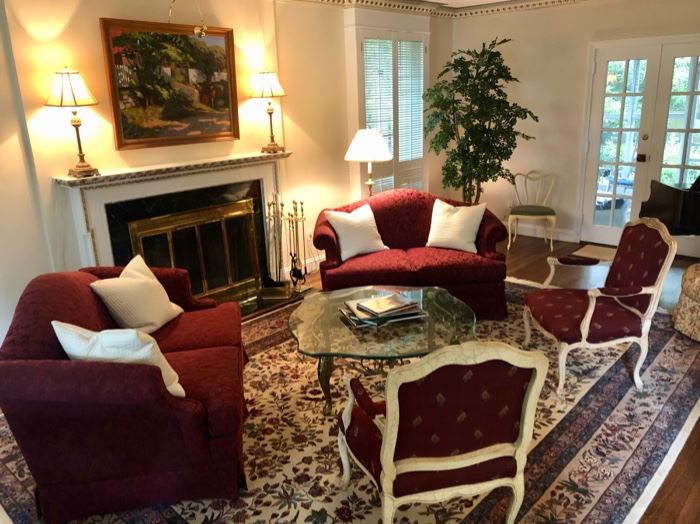 Beautiful, traditional furnishings throughout. Pair red velvet love seats, pair armchairs & coffee table 