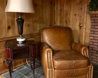 Leather recliner, table & lamps 