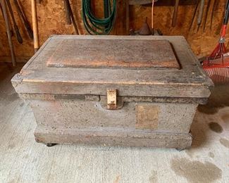 		#97	Vintage trunk on casters with old tools 32"x25"x19"	 $125.00 				