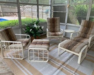#1 Vintage Werzalit patio chair $50.00
#2 Vintage Werzalit patio chair rocks 2@$60 ea.
#3 Vintage Werzalit ottoman 2 @ $30 ea.
#4 Vintage Werzalit patio glider sofa 71"L $100.00
#5 Vintage Werzalit patio side table 18"x19" 2 @ $20 ea.