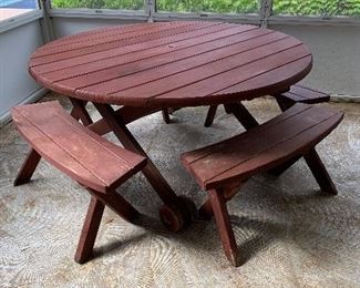 #7 Redwood round patio table with 4 benches 60"x27" $100.00