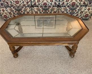 	#15	Oak coffee table with stained glass top 42"x26"x16"	 $60.00 		