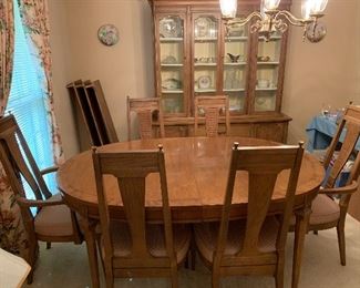 #49 American of Martinsville "Tribune" mid century oval dining table with 3 leaves and 6 chairs (captains chairs)44"x65-103"x29" bought 11/6/1963 $275.00