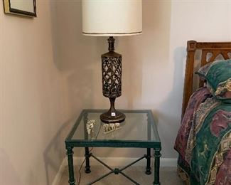	#62	Glass top side table with green metal base 20"x20" 2@$40		