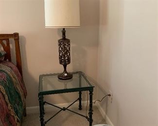 #62 Glass top side table with green metal base 20"x20" 2@$40