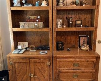 #71 Young Hinkle cabinet 30"x18"x76" Left has 3 open shelves and closed cabinet with 2 shelves. Right side has 3 open shelves with 3 drawers 2@$80 each