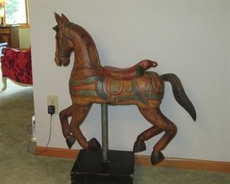 Hand carved and painted wooden horse on stand from Thailand Circa 1985