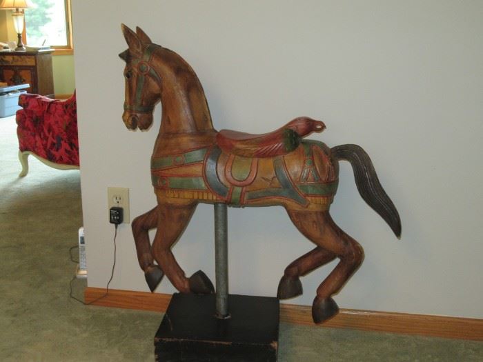 Hand carved and painted wooden horse on stand from Thailand Circa 1985