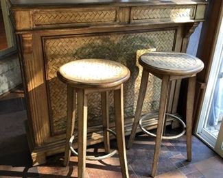 Small bar with 2 stools (fading of wood on one side - please see photograph) 50” wide x 20” deep x 44” high - $400