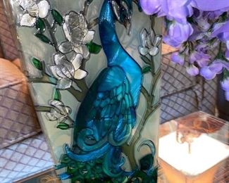 $25 STAINED GLASS PEACOCK VASE WITH PURPLE FLOWERS
26” HEIGHT 
