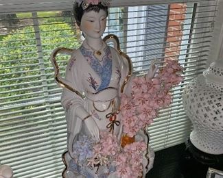 $135 LARGE PORCELAIN ASIAN LADY WITH FLOWERS FIGURINE
13” WIDTH x 28” HEIGHT 
