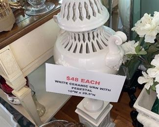 $48 EACH WHITE CERAMIC URN WITH PEDESTALS-2 AVAILABLE
10”W x 29.5”H
