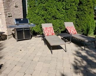 Gas grill, chaise lounges chairs