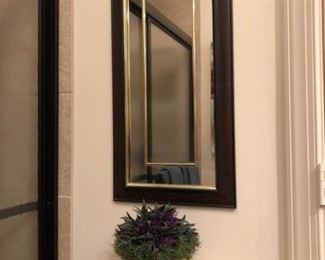 https://ctbids.com/#!/description/share/537422 Framed mirror with gold accents measures approx 32 x 14.5. Ceramic planter with rabbit motif and artificial greenery.
