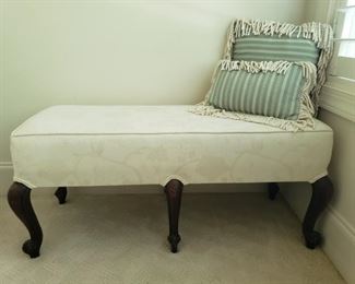 https://ctbids.com/#!/description/share/537421 Upholstered Bench with Throw Pillows. Beautiful and functional upholstered bench with two throw pillows. Curvy solid wood legs. See photos for measurements.