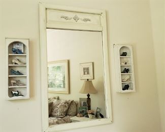 https://ctbids.com/#!/description/share/537427 Slightly distressed cream colored mirror with 2 matching display cases. 10 decorative shoes and small book are included. Mirror is approximately 46" x 27". Lace not included.