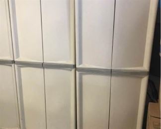 https://ctbids.com/#!/description/share/537459 2 Matching Plastic Storage Cabinets Set 1. Measures approximately 26 inches by 69 inches and is estimated to be around 18 inches deep.