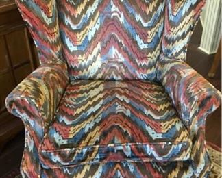 https://ctbids.com/#!/description/share/537494 Colorful Stylized Herringbone Wingback Chair. Measures approximately 32 by 28 inches by 38 inches tall. Colorful Stylized Herring Bone Pattern Chair. Great for a cabin!