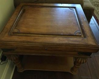 https://ctbids.com/#!/description/share/537500 Wooden Side Table with Underneath Storage. Measures 28 inches by 24 inches and 23.5 inches tall.