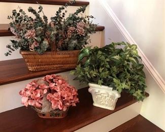 https://ctbids.com/#!/description/share/537511 Decorative Greenery Decor. Lovely basket of eucalyptus, ceramic planter with ivy greenery, wooden basket with pink hydrangea