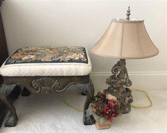 https://ctbids.com/#!/description/share/537629 Decorative Lamp, Stool, and Flowers. Stool measures 23 inches by 17 inches and 17.5 inches tall. Flowers are 5 inches by 9 inches tall. Lamp is 29 inches tall.