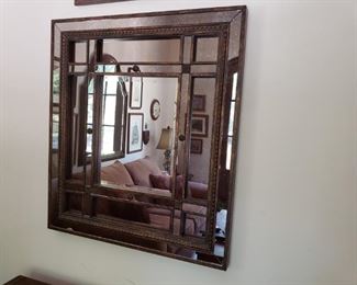 https://ctbids.com/#!/description/share/537651 Decorative mirror measures 32x36. Center mirror is clear and has beveled edges. Other mirrored pieces have a decorative finish but still reflect properly.