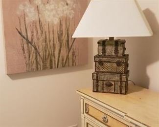 https://ctbids.com/#!/description/share/537655 Unique Trunk Lamp w/Floral Print. Lamp measures 30" high, base measures 9.5" x 7". Lampshade measures 22" wide and 12" deep. Label on bottom says Clear Lake Designers Resource. Base of lamp marking says Pacific Coast Lighting Year 2000. The print has the artist name as Blum. It measures 30x30.