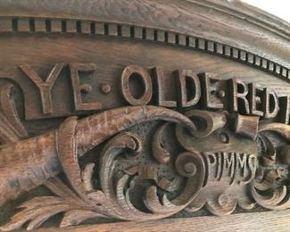 https://ctbids.com/#!/description/share/537420 ''Ye Olde Red Hovse'' Decorative Mantle. This mantle is hand carved and solid oak wood. This 1800's mantle was from England and was used as a door marker above the entrance door to the house. The family's surname was Pimms.  5' long x 11'' height x 5'' depth.