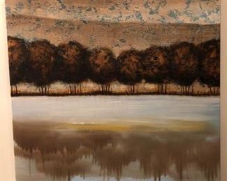 https://ctbids.com/#!/description/share/537348 Reflection of Trees Canvas Painting. Rustic browns and blues painting of tree lined reflection in water. 31'' square