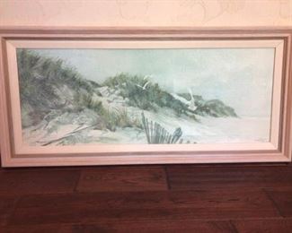 https://ctbids.com/#!/description/share/537362 Seascape With Seagulls Painting. Beautifully framed painting of natural sand dunes by the sea and seagulls. Frame dimensions are 41'' x 19''.