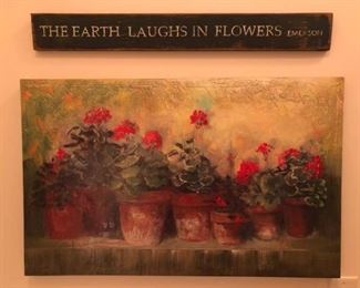 https://ctbids.com/#!/description/share/537364 Red Geranium Print and Emerson Quote. Red geranium canvas Print. Dimensions 32 x 20. Wooden sign with Emerson quote ''The earth laughs in flowers''.