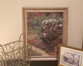 https://ctbids.com/#!/description/share/537369 Charleston Print, Floral Garden Print & Metal Basket. Floral print measures 24" x 20". The artist names is either Ruhu or Ruha. Charleston Rainbow measures 9.5 x 11". The artist name is Alice Stewart Gainsley. Metal stand measures 13" high, 6.5" wide, and 11.5" in length.