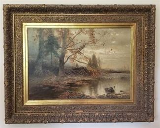 https://ctbids.com/#!/description/share/538053 Arthur Parton (1842-1914) was a Hudson River School artist. Paintings by Parton (1842-1914) can be found in the Brooklyn Museum, the Indianapolis Museum of Art, the Newark Museum, the High Museum, the Hudson River Museum, the Hickory Museum, and the Metropolitan Museum, among others. The date on this oil on canvas is 1886. The approximate size with frame is 34" x 40". This scene depicts the fall season. It is believed that the other three season are currently in museums making this one very special piece of art. 

Arthur was the son of George Parton, a cabinet maker, and his wife Elizabeth.  In his formative years, Parton studied with William Trost Richards and at the Pennsylvania Academy.  Adopting the style of the Hudson River painters, his first exhibit came in 1862 in Philadelphia, but by 1865 he was settled in New York City. Parton journeyed to Europe in 1869, where he came under the spell of the Barbizon painters.  This probably mark