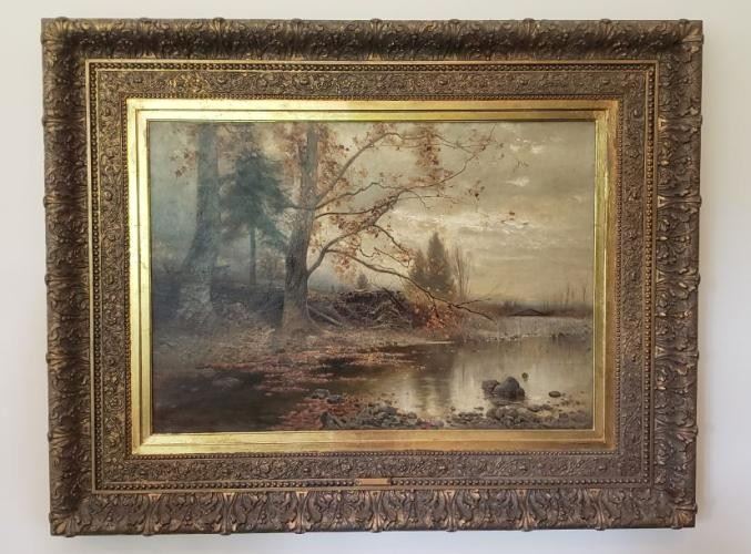 https://ctbids.com/#!/description/share/538053 Arthur Parton (1842-1914) was a Hudson River School artist. Paintings by Parton (1842-1914) can be found in the Brooklyn Museum, the Indianapolis Museum of Art, the Newark Museum, the High Museum, the Hudson River Museum, the Hickory Museum, and the Metropolitan Museum, among others. The date on this oil on canvas is 1886. The approximate size with frame is 34" x 40". This scene depicts the fall season. It is believed that the other three season are currently in museums making this one very special piece of art. 

Arthur was the son of George Parton, a cabinet maker, and his wife Elizabeth.  In his formative years, Parton studied with William Trost Richards and at the Pennsylvania Academy.  Adopting the style of the Hudson River painters, his first exhibit came in 1862 in Philadelphia, but by 1865 he was settled in New York City. Parton journeyed to Europe in 1869, where he came under the spell of the Barbizon painters.  This probably mark