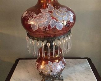 Cranberry Lamp w flowers and prisms