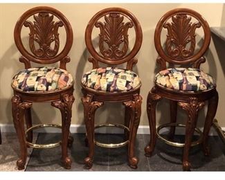 Detailed barstools w/plush cushioned seat. 49" h x 23" from most outer part... 