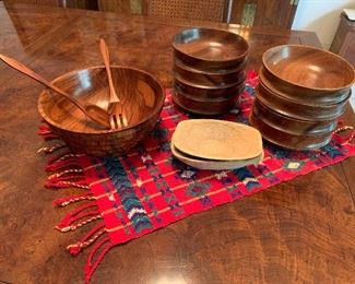 The wood salad bowl and utensils are sold.