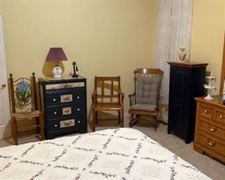 Antique dresser hand-painted,  Pie Safe Cabinet, Teak wood chair
Oak rocking chair, decorative wicker chair, Antique Telephone Light, 